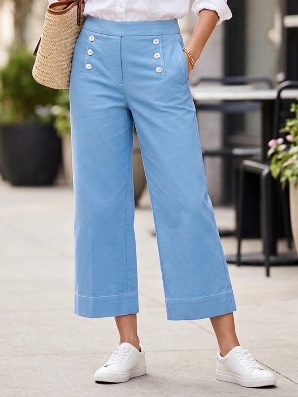 Talbots Light Blue Sailor-Button Cropped Wide-Leg Pants